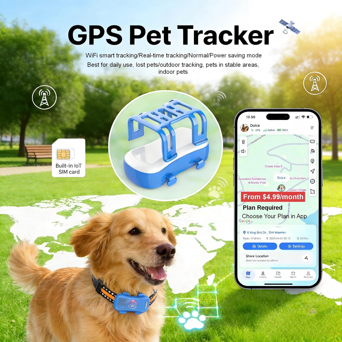 Dog GPS Tracker — Real-Time Anti-Lost Collar Tracker with Geofence & Flash Alert