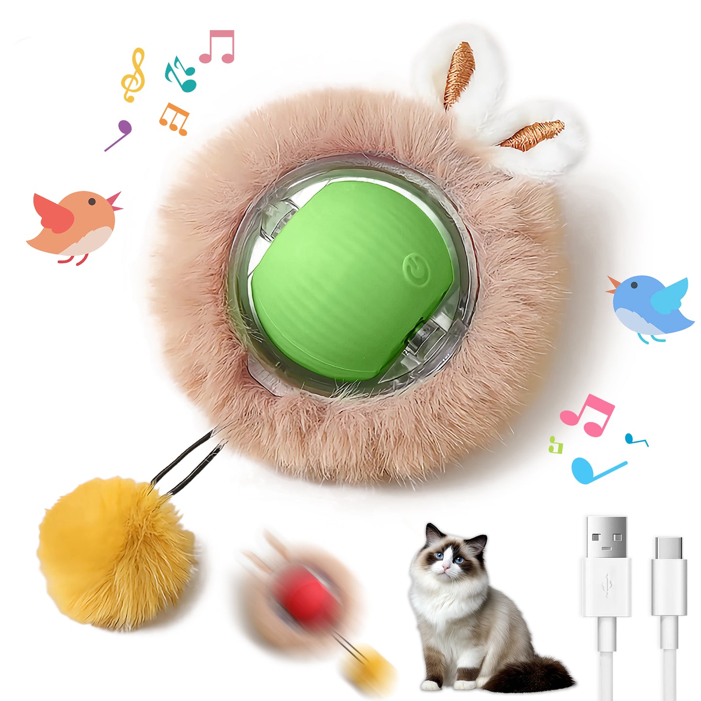 Motion-Activated Cat Toy Ball with LED Lights & Bunny Ears