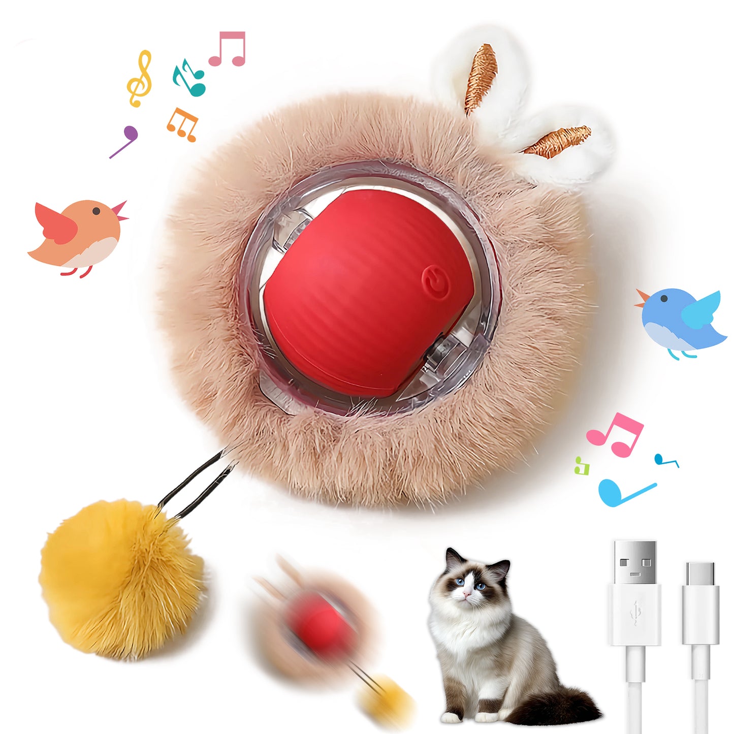 Motion-Activated Cat Toy Ball with LED Lights & Bunny Ears