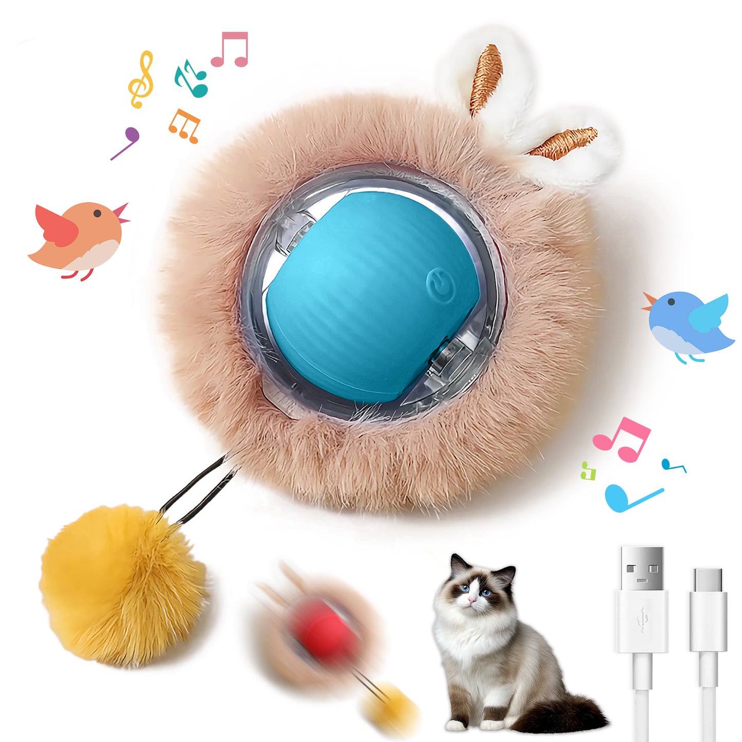 Motion-Activated Cat Toy Ball with LED Lights & Bunny Ears